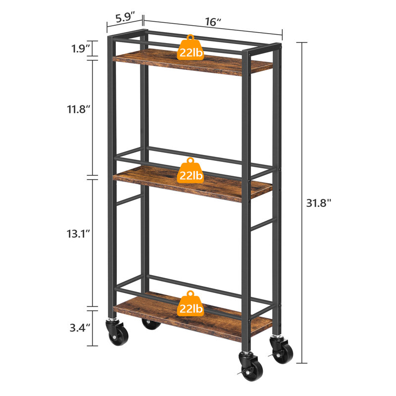 Chariot-bar étroit sur roulettes à 3 niveaux, Brown