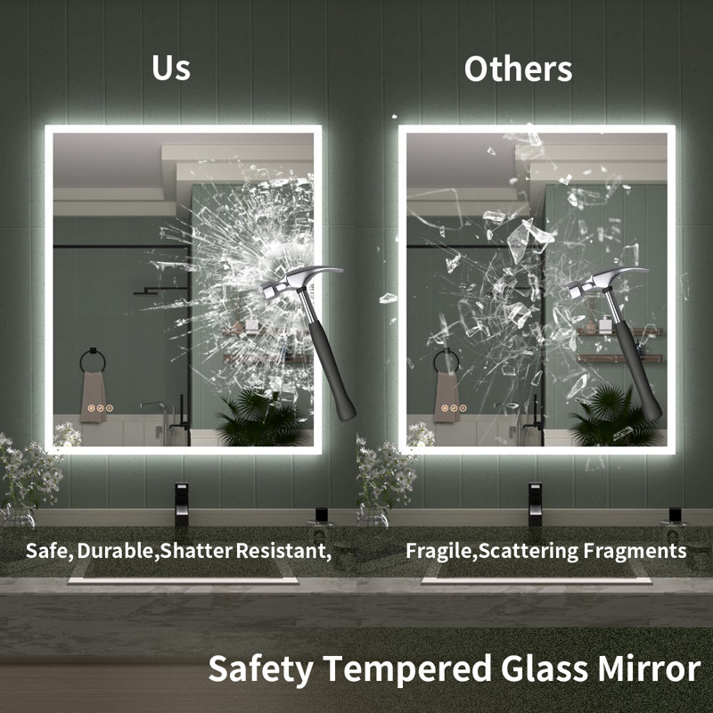 Miroir de salle de bain sans cadre à DEL 36 H x 30 W avec désembueur, température de couleur réglable, commande tactile et montage horizontal / vertical