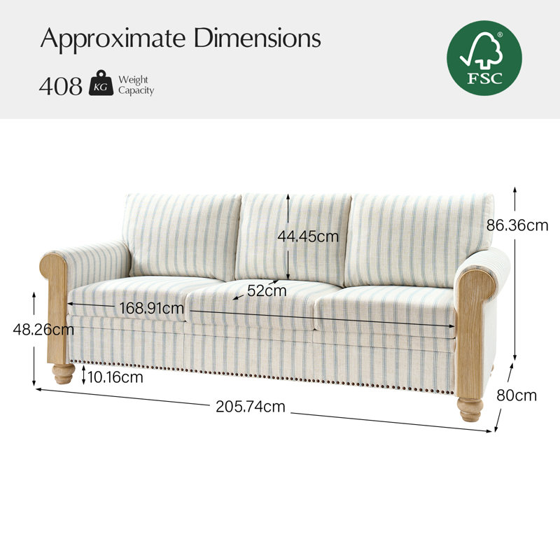 Gema 206cm W Farmhouse Striped Sofa With Rolled Arm And Solid Wood Spindle Legs