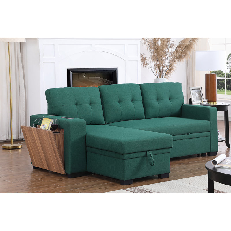 Canapé vert en forme de L avec accents en bois, conception convertible et rangement pour un confort accru et une efficacité accrue