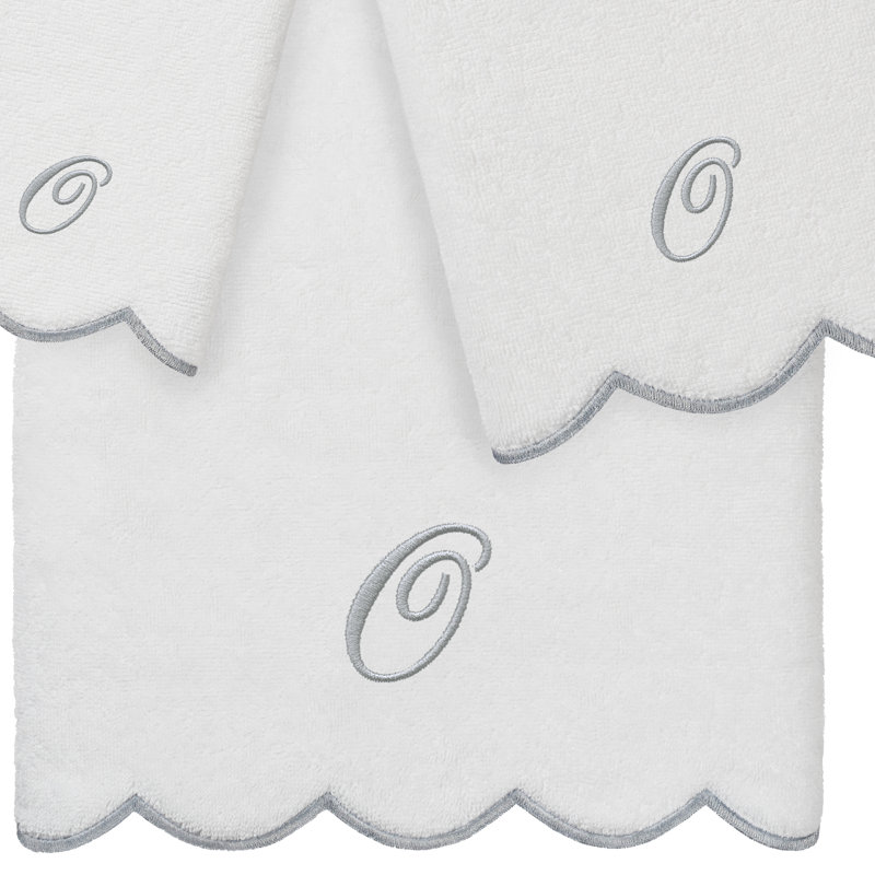  Ensemble de serviettes personnalisées 100% coton ADORNIA, O, Ensemble 3 serviettes de bain, Blanc / Gris