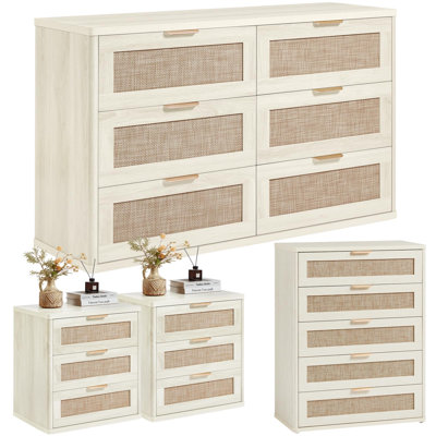 Rattan Dresser and Nightstand Set of 4, Boho Style, 6-Drawer Dresser, 5-Drawer Dresser, 3-Drawer Nightstand