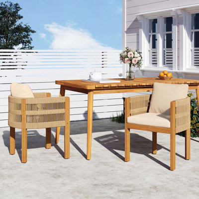 Ensemble de 2 chaises d'extérieur en bois d'acacia avec poignées en corde, coussins lavables et imperméables, capacité de 400 lb
