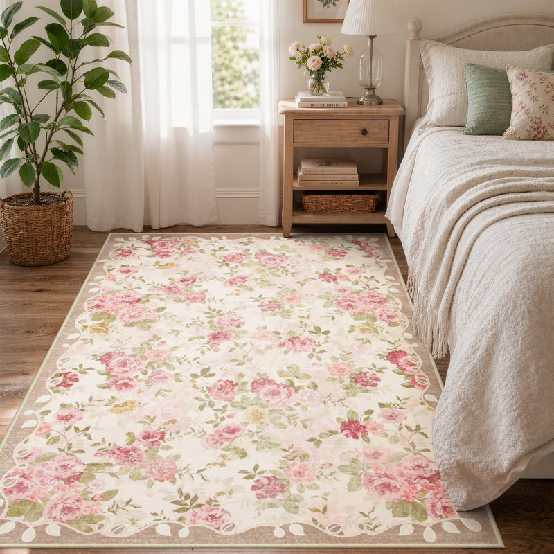 Tapis vintage à motif floral lavable à la machine avec envers antidérapant, Beige, Rectangle 4' x 6'