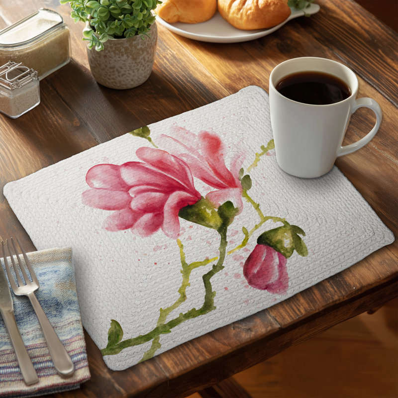Ensemble de 4 napperons en polyester tressé - décor de fleurs de magnolia