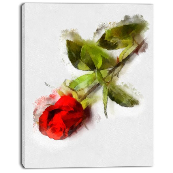DesignArt Red Rose With Stem Drawing On Canvas Print | Wayfair