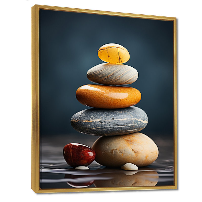 Zen Zen Stone Subtle Serenity IV - Art spirituel en pierre, Toile dorée avec cadre flottant, H 32 po x l 24 po