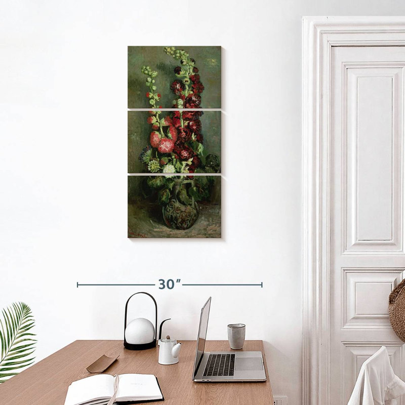 Vase de roses trémières, H 32 po x l 15 po