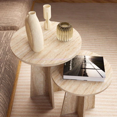 Travertine-Style Round Nesting Side Tables Modern Coffee Tables Set of 2