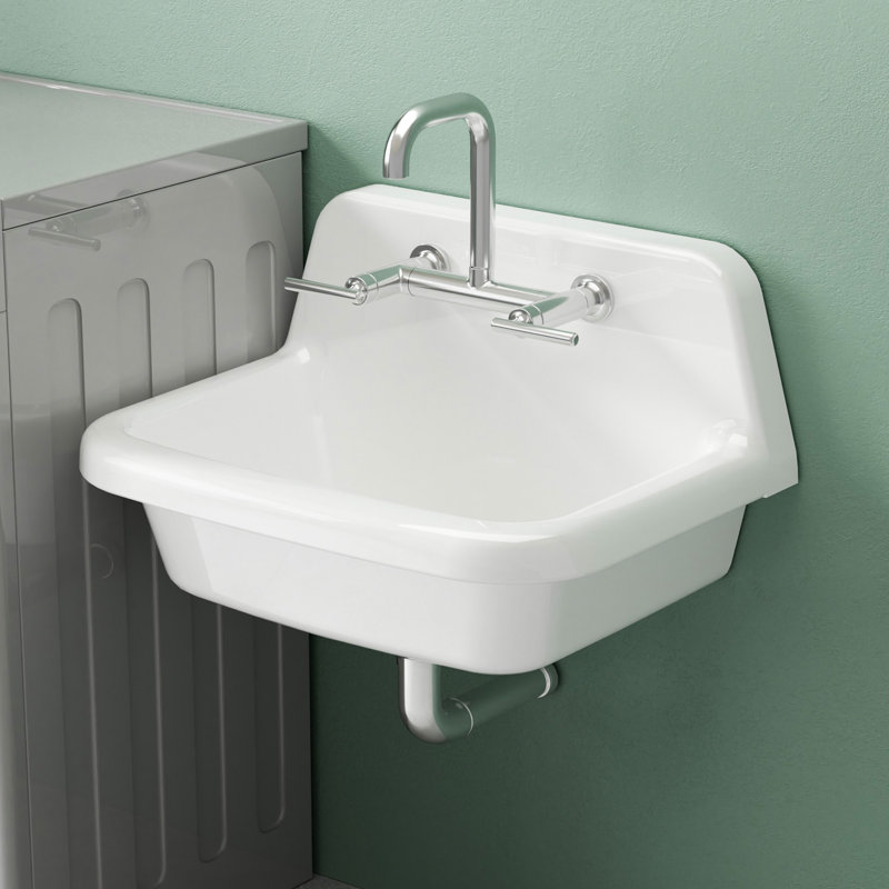 24" W x 17" D High Back Wall Mount Utility Sink White Fireclay with 2 Faucet Hole