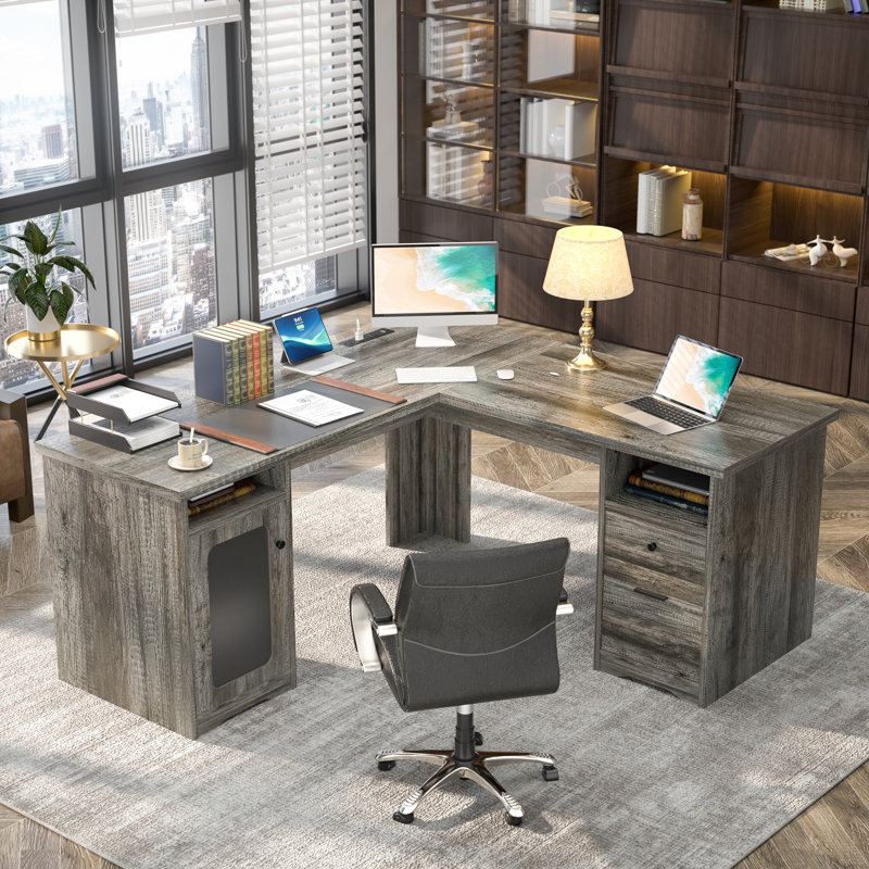 Detcho 60'' L Shaped Executive Desk with Drawers and Power Outlets, Grey