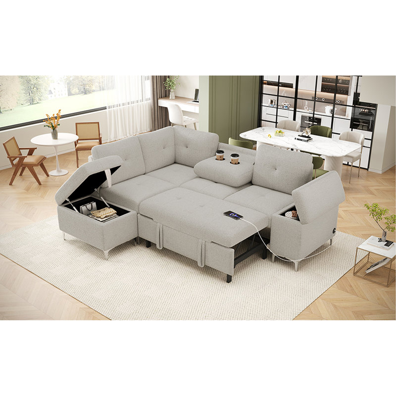 L-Shaped Sofa Couch Upholstered Sofa Versatile Sofa Bed With Ample Storage Space, Two Cup Holders And Two USB Ports For Living Room