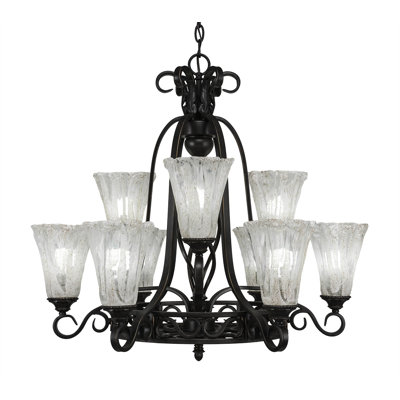 Lustre suspendu 9 lumières Pierro Eleganté, fini granit foncé avec verre à glace cannelé italien de 5,5 po