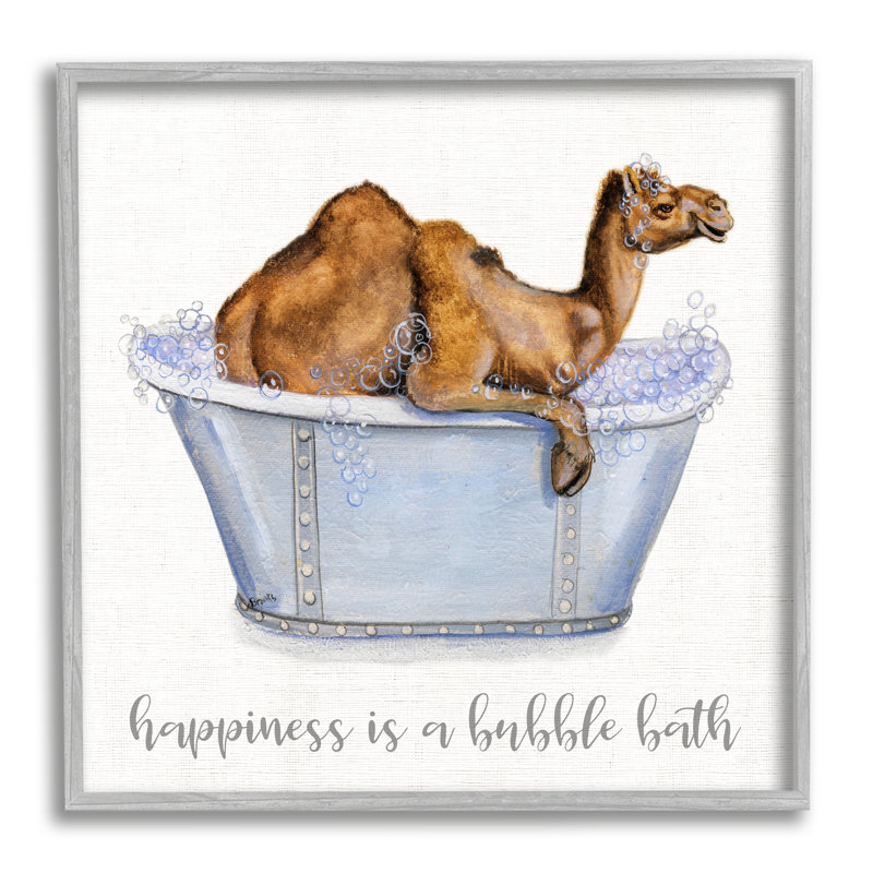 «Happiness Is A Bubble Bath Desert Camel Bathroom», estampe numérique encadrée de Donna Brooks, H 17 po x l 17 po, Cadre gris