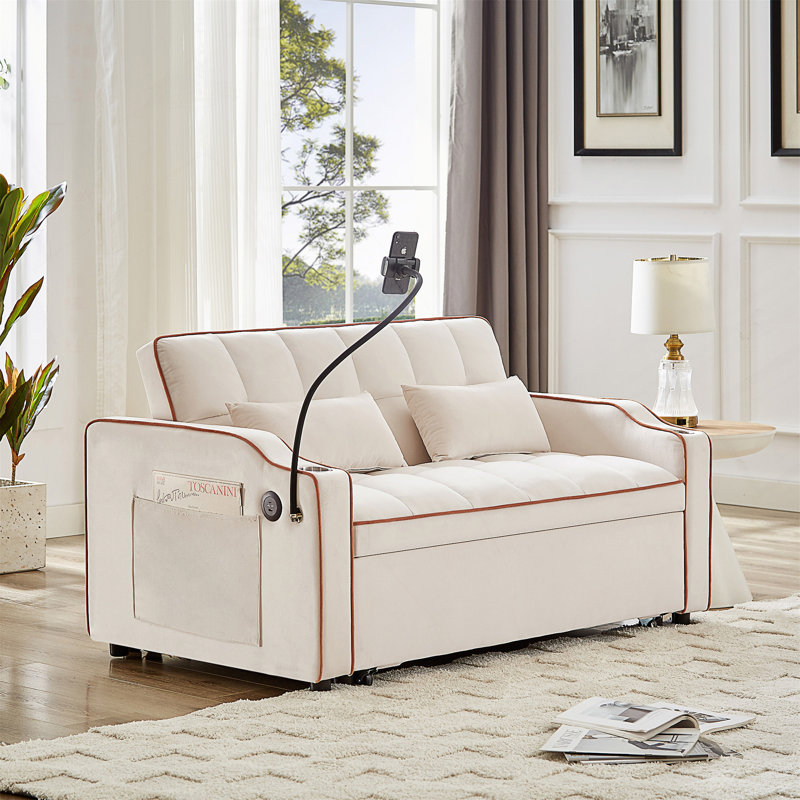Canapé-lit coulissant, dossier réglable et avec port USB, Velours beige