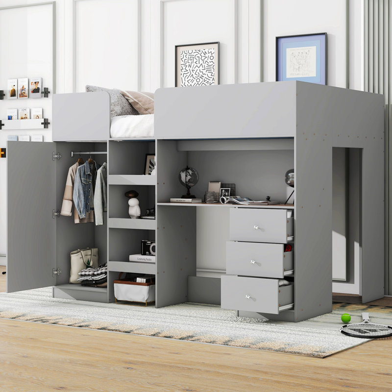 Gray Pine Wood Full Loft Bed with Wardrobe and Desk