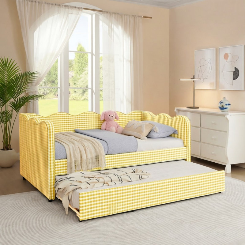 Lit de jour simple adorable en forme de vague en tissu de lin Vichy douillet ， avec port USB gigogne ， Aucun sommier nécessaire