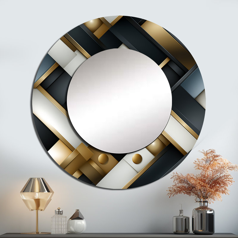 Black And Gold Marble Mosaic Dimensions - Geometric  Mirror, Black Round Decorative Wall Mirror, Printed Metal Art, 23" x 23"
