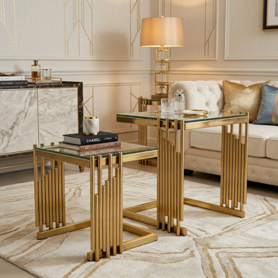 Modern C-Shaped Side Table Set of 2, Tempered Glass Top and Stainless Steel Base