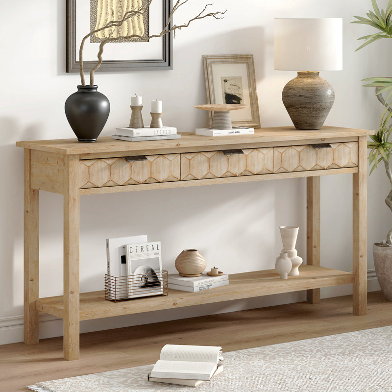 Console avec 3 tiroirs et tablette inférieure, Bois naturel