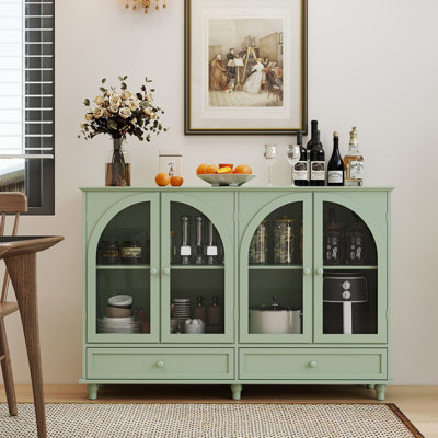 Buffet en verre arqué vert, 2 tiroirs et 4 portes en verre, armoire de présentation avec tablettes réglables, armoire de cuisine moderne pour le vestibule du salon