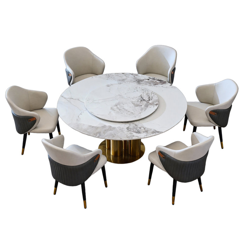 Ensemble de table de salle à manger moderne avec plateau tournant, pierre frittée, blanc doré