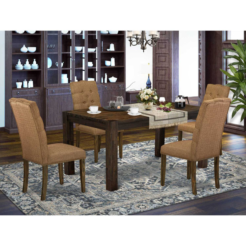 5 Piece Dining Set Includes a Rectangle Rustic Wood Dining Room Table and 4 Brown Linen Fabric Upholstered Parson Chairs, Jacobean