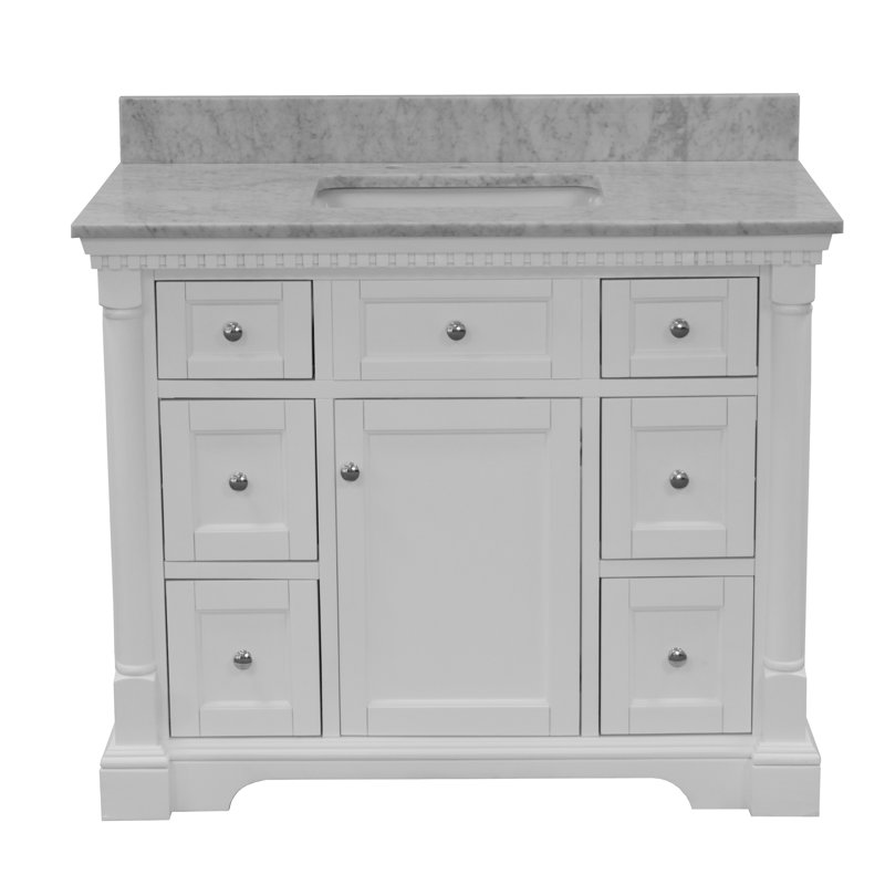 Fossen 42" Single Bathroom Vanity Set with White Cabinet and Carrara Marble Countertop, Carrara Marble, White