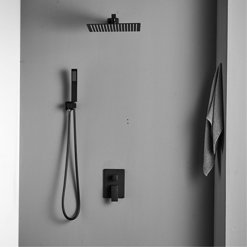 Robinet de salle de bain contemporain - Pomme de douche à pluie murale noire, corps de valve en laiton massif, pluie de luxe glacis avec forme géométrique, poli