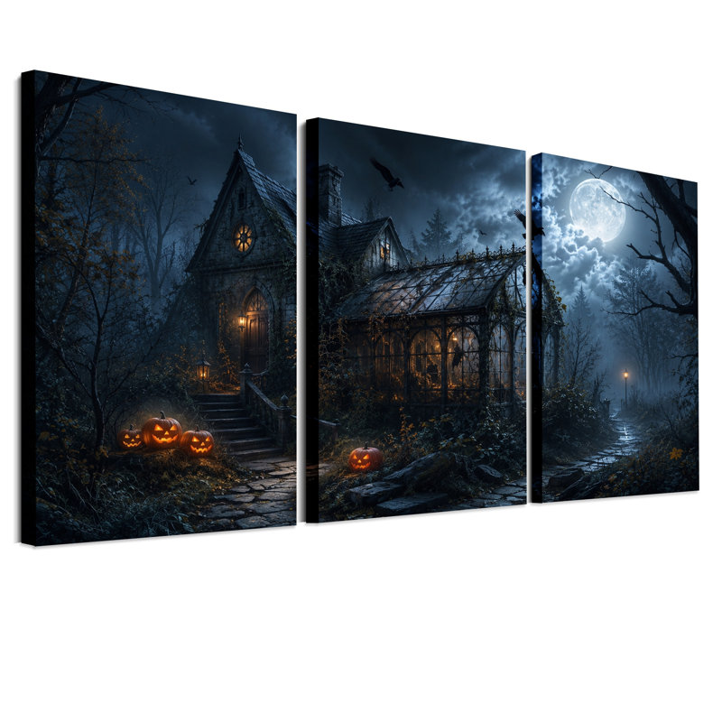 "Gothic House" avec serre en verre et ensemble de 3 toiles d'Halloween, H 24 po x l 16 po x 3 pièces