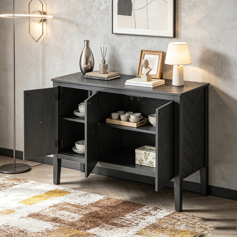 Adjustable Shelf Storage Sideboard with 3 Retro Metal Handles and 4 Pinewood Legs, Grey