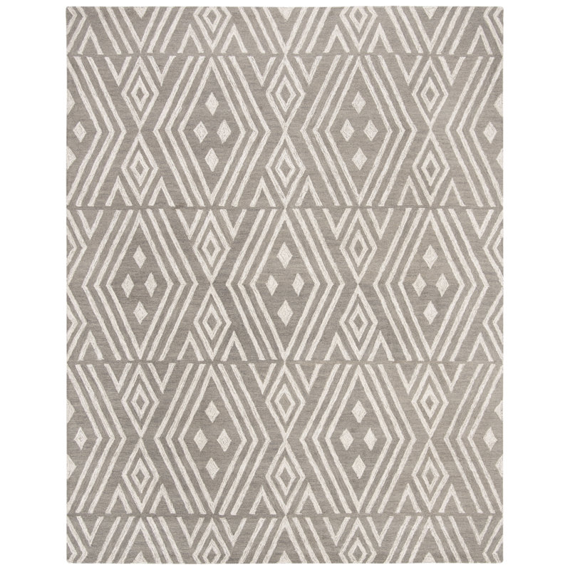 Vedika Hand Tufted Wool/Cotton Geometric Rug in Gray/Ivory, Rectangle 4' x 6'