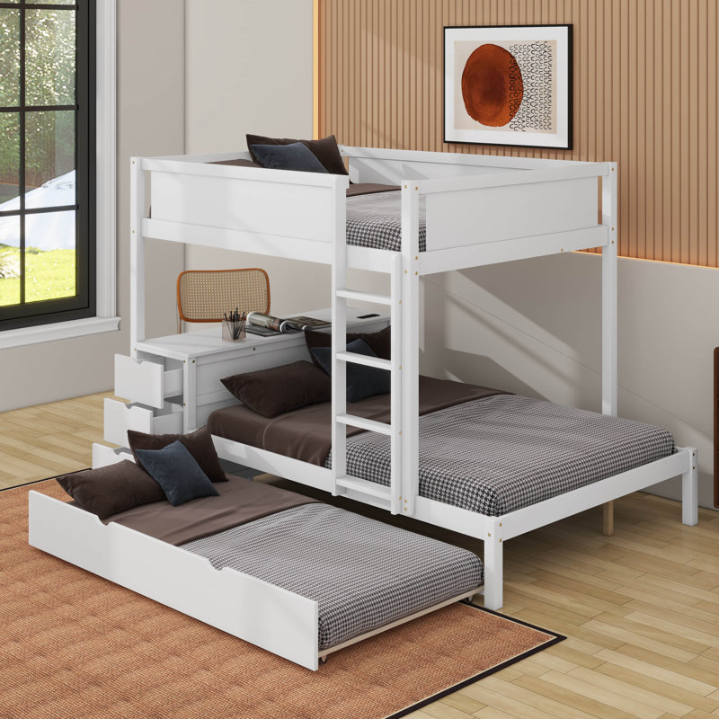 Lit superposé avec lit gigogne, rangement et bureau, Lit superposé double sur double, Blanc