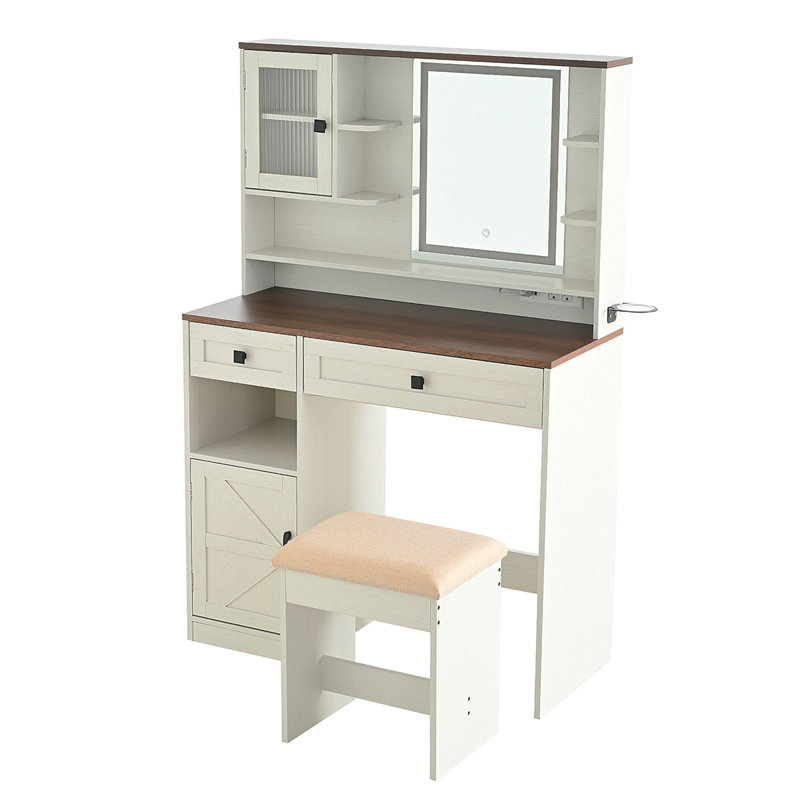 Farmhouse Makeup Vanity Desk With Mirror And Lights,Dressing Table Set With Charging Station And Stool,Drawers,Shelves And Side Cabinet,White