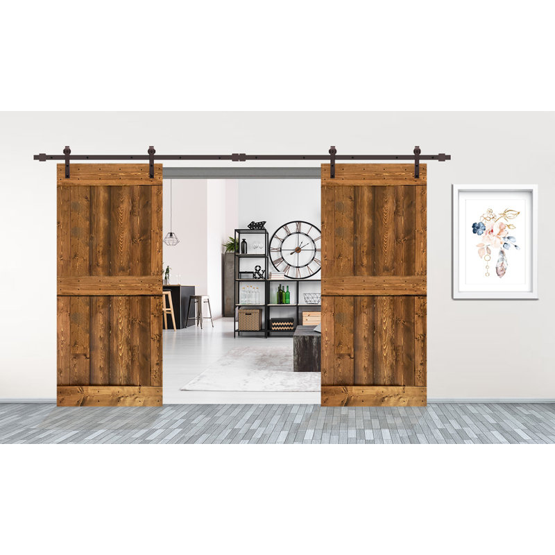 Porte de grange double à panneaux en bois et en métal avec ensemble de quincaillerie d'installation Mini Z Series, Noyer
