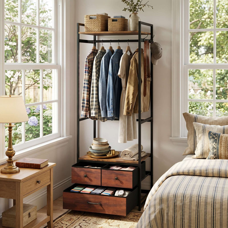 Freestanding Clothes Rack, Reinforced Metal Frame, Multi-Functional Storage Shelves & Smooth Pull-Out Drawers, Extra Side Hanging Hooks, Suitable For Bedroom, Closet