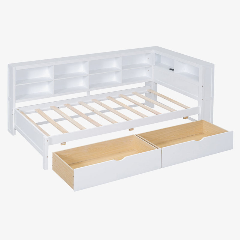 Lit de jour avec 2 tiroirs, lit de jour avec tablette de rangement et ports de chargement USB, Simple