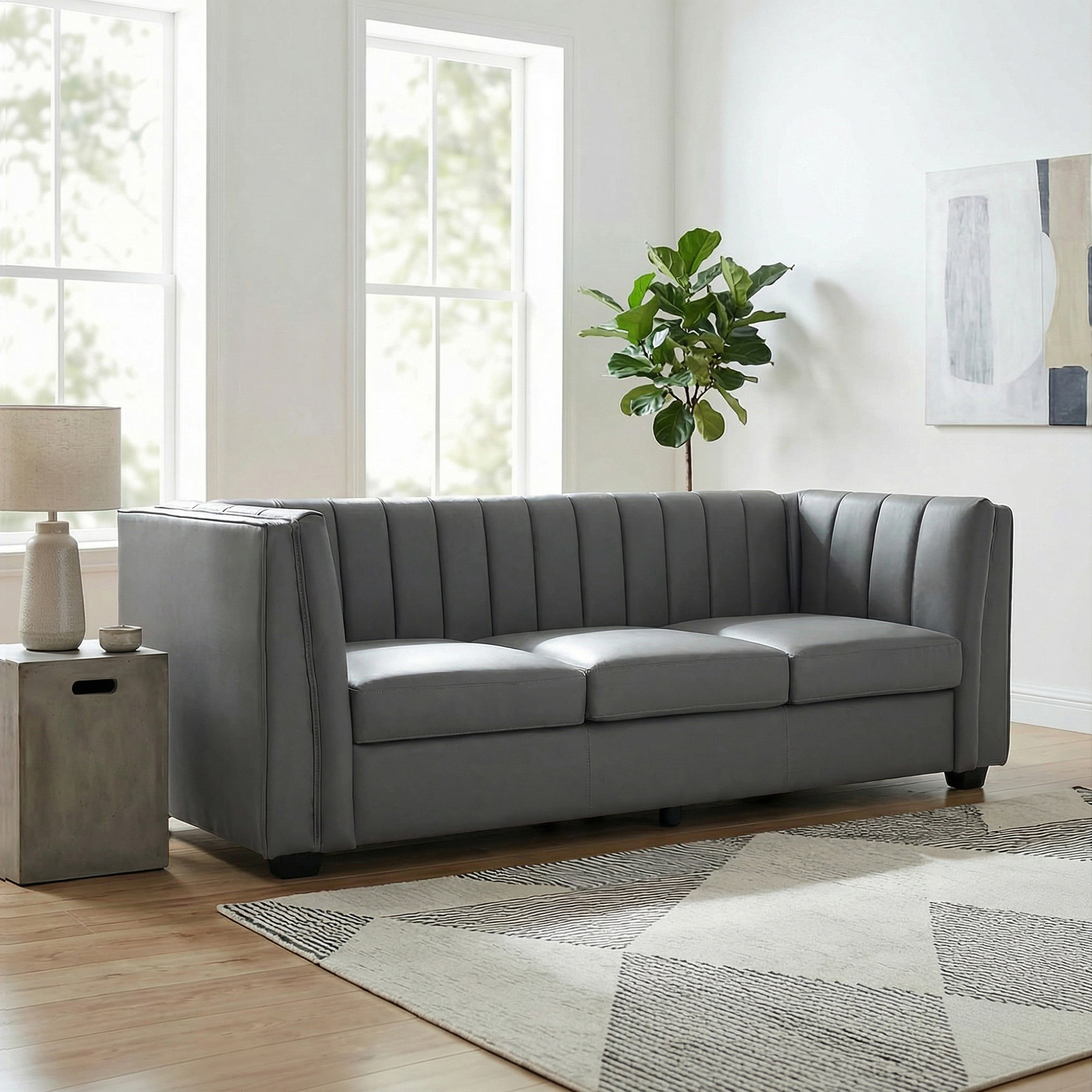 Allard Velvet Living Room Sofa, Gray Faux Leather