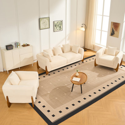 Ensemble de canapés modernes Cloud 3 pièces, canapé 3 places en bouclette et deux fauteuils d'appoint, fauteuil de lecture moderne rembourré avec coussin assorti, fauteuil confortable pour le salon, blanc