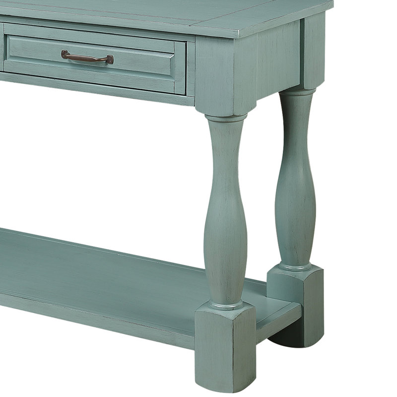 Retro Green Solid Wood Console Table with Storage Drawers and Shelf