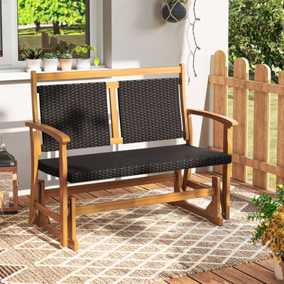 Patio Rattan Glider Bench Swing Gliding Rocker for 2 w/ Acacia Wood Frame by Bay Isle Home