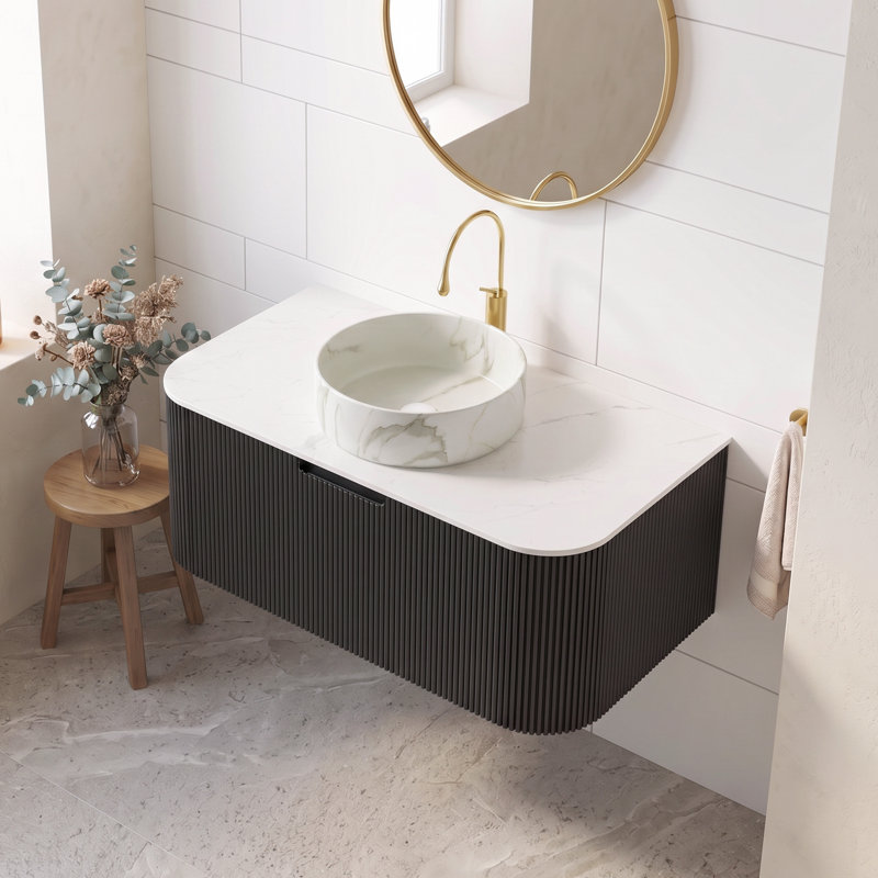 Meuble-lavabo mural de 36 po en contreplaqué, noir, à bord arrondi avec tiroir de rangement imperméable et résistant à l'humidité, pré-assemblé