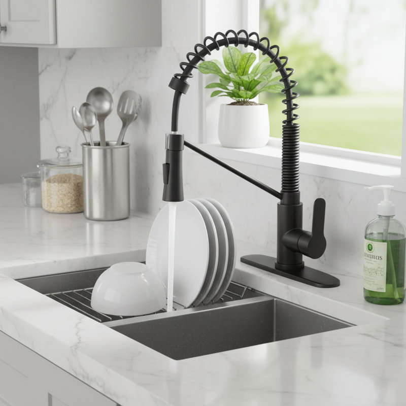Commercial Single Handle Pre-Rinse Kitchen Faucet in Matte Black(Set of 2)