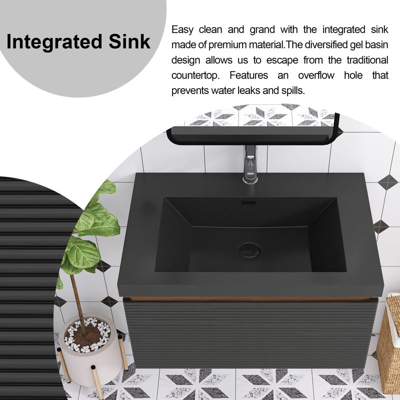 Meuble-lavabo mural simple 30 po en chêne avec plateau en résine intégré