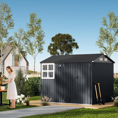 6' x 8' Outdoor Metal Storage Shed with Windows and Lockable Doors, Heavy-Duty Garden Tool Shed for Backyard, Lawn, and Poolside