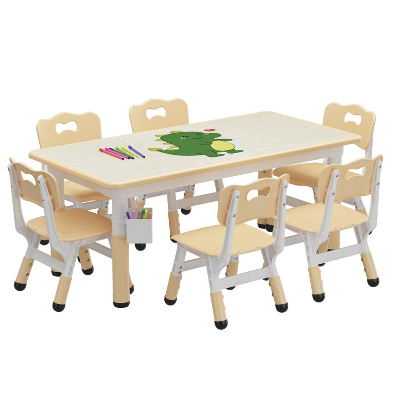 Kids Table And 6 Chair Set With Storage Box, Height Adjustable Toddler Table, Natural