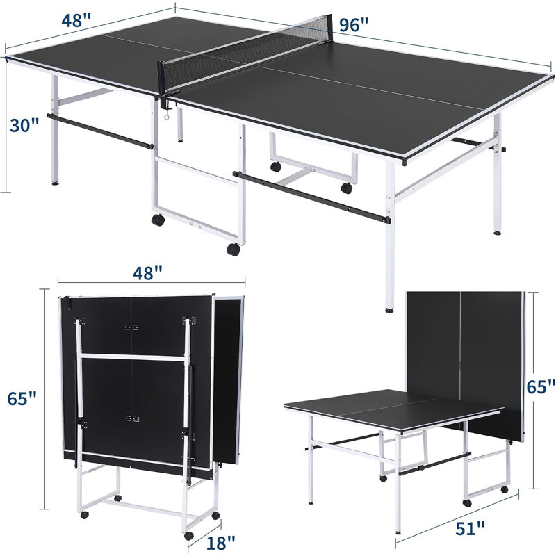 Table de ping-pong portable 2,4 m (8 pi), mode jeu, pliable, pour intérieur et extérieur, raquettes, balles et filet inclus, noire