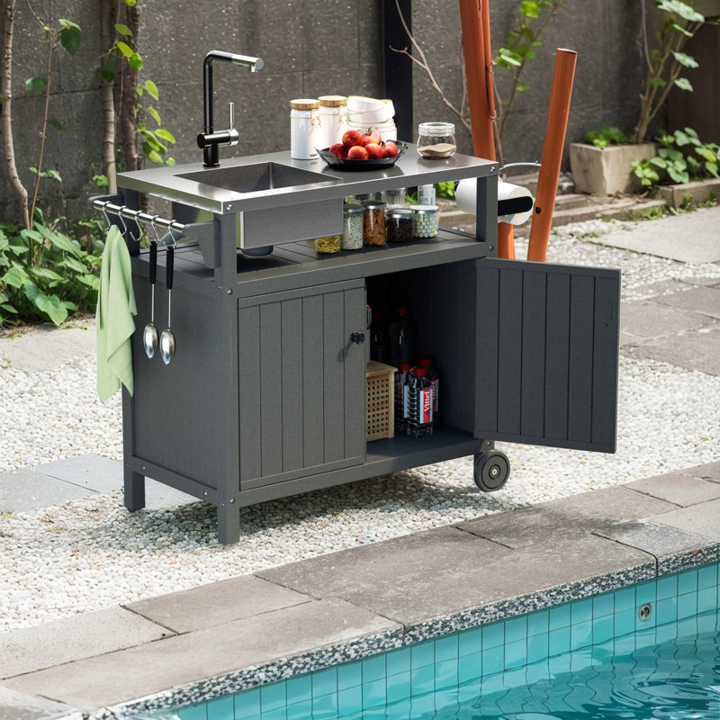 Camion de nourriture pour l'extérieur, îlot de cuisine avec évier et couvercle (sans robinet d'eau), Gris