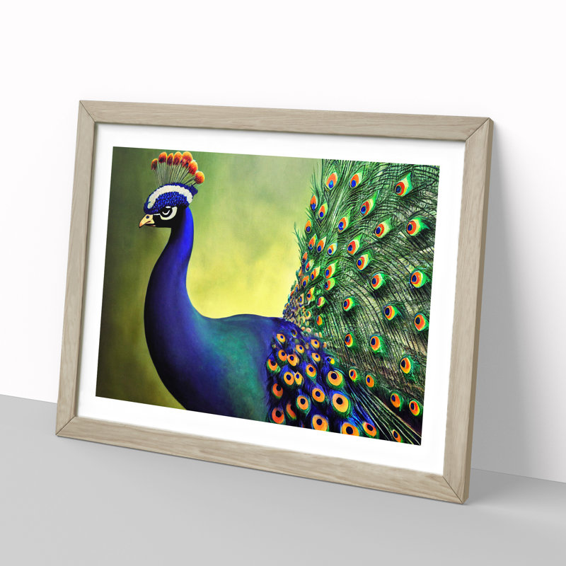 Fine Peacock - Single Picture Frame Print, 46cm H x 64cm W x 2cm D, Oak Framed
