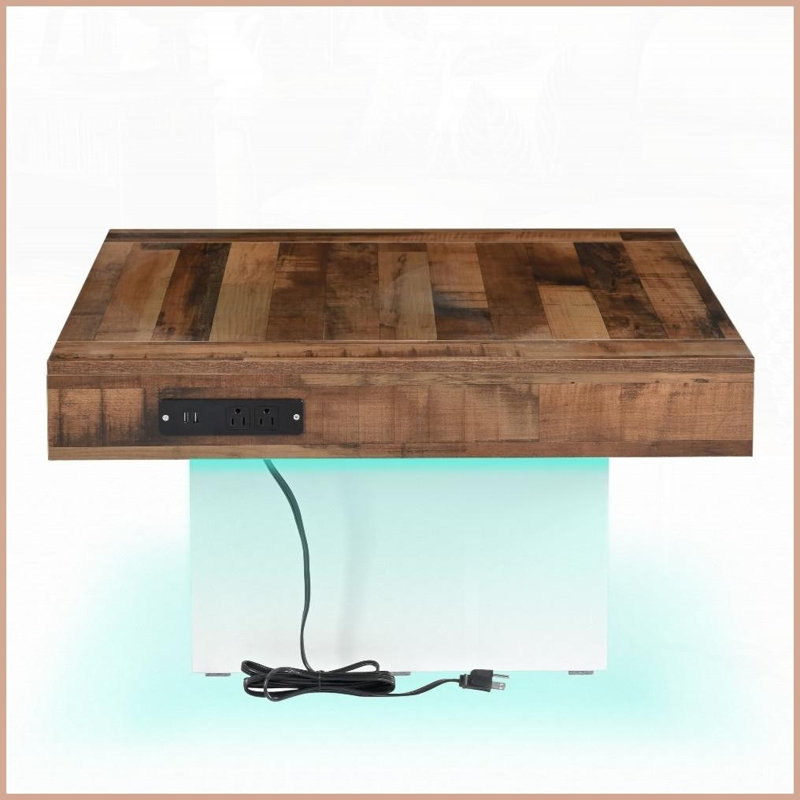 Table basse brune à grain de bois épissé pour le salon avec 2 prises USB / CA, lumière DEL contrôlée par l'application et amp; Pieds antidérapants